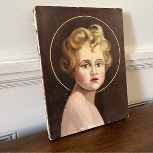 Antique Oil Painting, Canvas on Board, "Light of the World" Baby Jesus